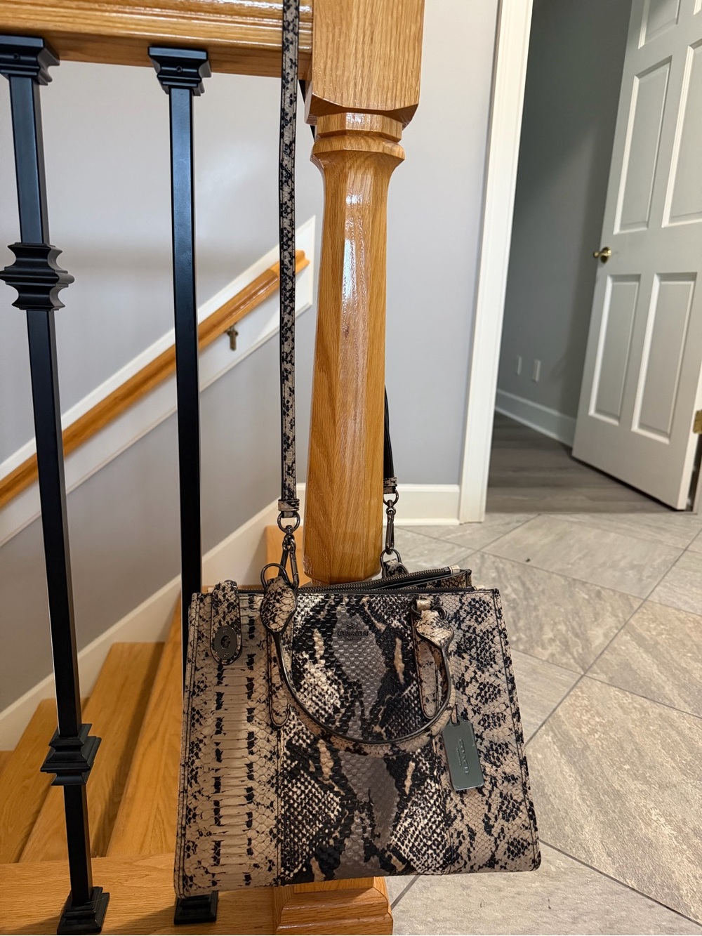 Coach Snakeskin Print Crossbody Tote in Beige Black